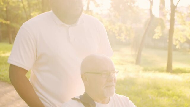African-American caregiver and old disabled man in a wheelchair. Professional nurse and handicapped patient in the park. Assistance, rehabilitation and health care. Golden hour sunset.