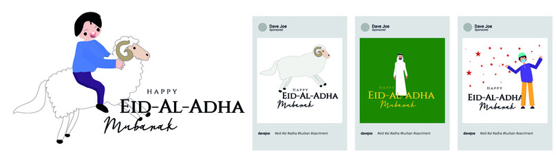 Eid al Adha celebration card with a sheep and a kid riding a lamb. Social Media post template.