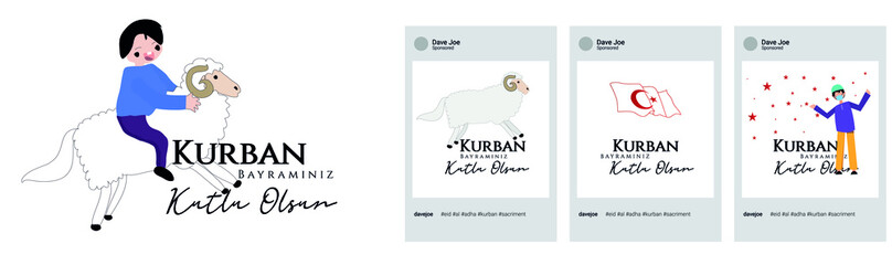 Kurban Bayramı (Eid al Adha) celebration card with a sheep and a kid riding a lamb. Social Media post template.