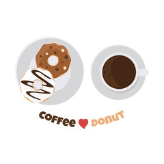 Coffee and donuts. Cup of beverage with dessert. Top view. Vector illustration isolated on white background