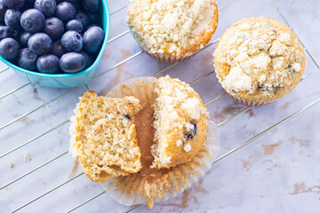 Overhead Blueberry Muffins on a Marble Background