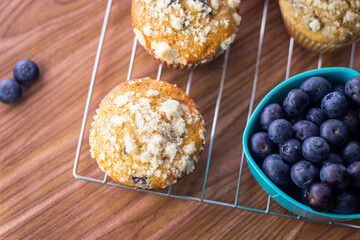 Overhead Blueberry Muffins On a Cooling Rack
