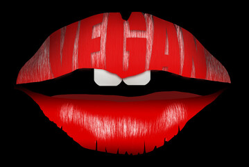 The word vegan is seen on the upper lip of a set of lips and teeth in this 3-d illustration.