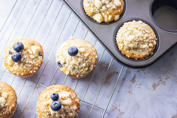Overhead Blueberry Muffins on a Marble Background