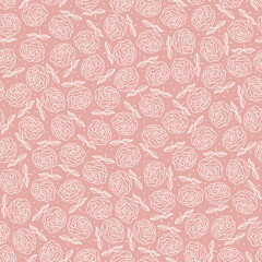 Vintage outline Roses seamless pattern. White flowers on pale pink background. Hand drawn Garden Plants. Floral vector background for romantic fashion print design, fabric, textile, scrapbooking