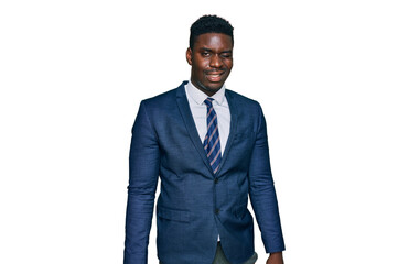Handsome business black man wearing business suit and tie winking looking at the camera with sexy...