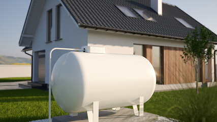 Fototapeta Propane Gas Tank near house, 3d illustration obraz