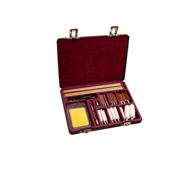 A set for cleaning weapons in a wooden case isolate on a white back. Weapon care tools. Luxury gift set.