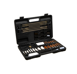 A set for cleaning weapons in a black case isolate on a white back. Weapon care tools.