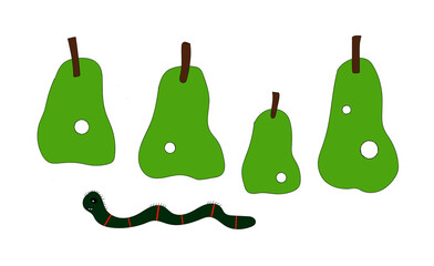 Illustration von einer Raupe und vier Birnen mit Fresslöchern