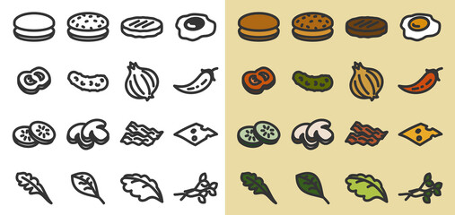 Burger ingredient vector icon set in minimalistic style. Monochrome and color versions included.