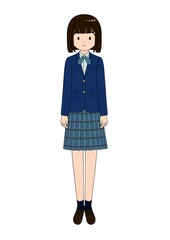 Bob-cut high school girl standing in a dark blue blazer uniform