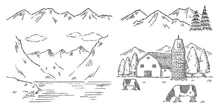 山の風景色々ペン画モノクロ