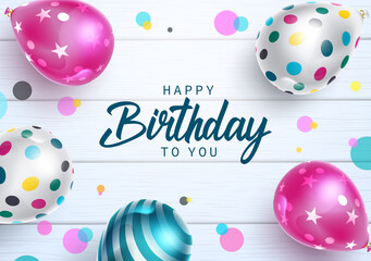 Happy birthday vector design. Happy birthday to you text with colorful balloons pattern element in circle dots and wooden background for celebrating birth day party decoration. Vector illustration
