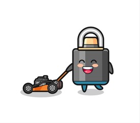 illustration of the padlock character using lawn mower