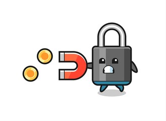 the character of padlock hold a magnet to catch the gold coins