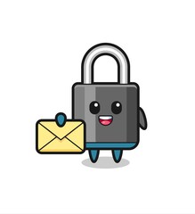 cartoon illustration of padlock holding a yellow letter