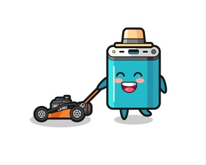 illustration of the power bank character using lawn mower