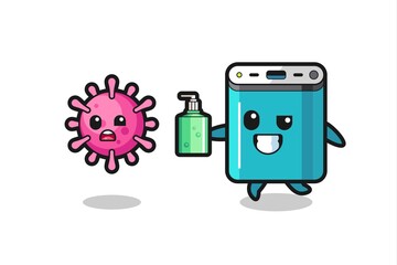 illustration of power bank character chasing evil virus with hand sanitizer