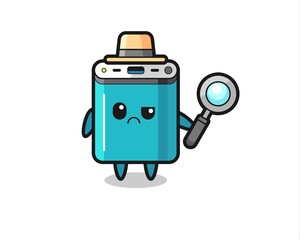the mascot of cute power bank as a detective