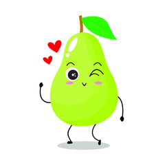 Vector illustration of green pear character with cute expression, lovely wink, adorable green apple isolated on white background, simple minimal style, fresh fruit for mascot collection, emoticon
