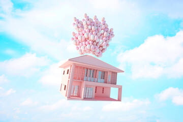 Balloon House Floating on Sky Background. 3D illustration, 3D rendering