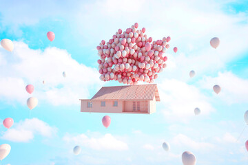 Balloon House Floating on Sky Background. 3D illustration, 3D rendering	
