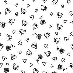 Doodle strawberries, flowers and hearts monochrome seamless pattern.  Perfect for scrapbooking, textile and prints. Hand drawn vector illustration for decor and design.
