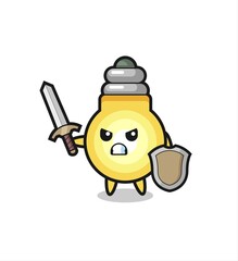 Obraz na płótnie Canvas cute light bulb soldier fighting with sword and shield