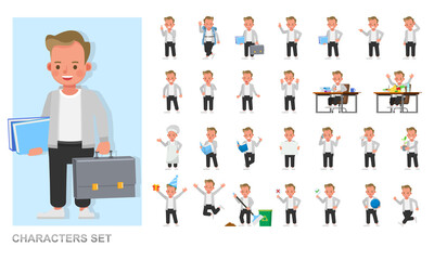 Fototapeta na wymiar Set of children character vector design. Boy wear grey shirt. Presentation in various action with emotions, running, standing and walking.