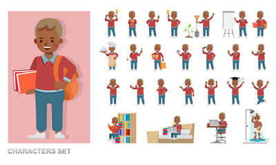 Fototapeta premium Set of children character vector design. Boy wear red shirt. Presentation in various action with emotions, running, standing and walking.