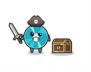the optical disc pirate character holding sword beside a treasure box