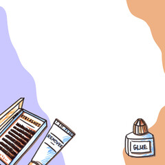 Multicolored Template Background for Eyelash extension masters. Felt pen tool Element in the style of line art beauty theme. Purple, orange, violet and white Backgrounds for text. Doodle and scribble