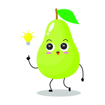 Vector illustration of green pear character with cute expression, get an idea, adorable green apple isolated on white background, simple minimal style, fresh fruit for mascot collection, emoticon
