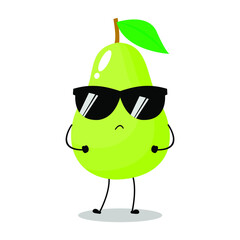 Vector illustration of green pear character with cute expression, funny, sunglasses, green apple isolated on white background, simple minimal style, fresh fruit for mascot collection, emoticon