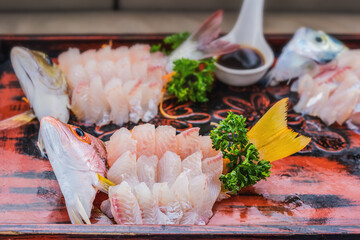 japanese food background of white fish or red snapper raw sashimi - obrazy, fototapety, plakaty