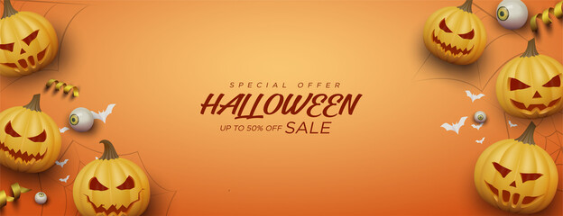 Halloween sale background with six pumpkins 3d vector rendering.