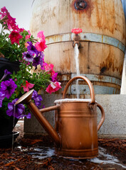 Old wine barrel converted into a backyard rain barrel overfills watering can placed near purple and pink petunias  on a summer day  - obrazy, fototapety, plakaty