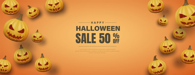 Halloween sale background with scattered pumpkin illustration.