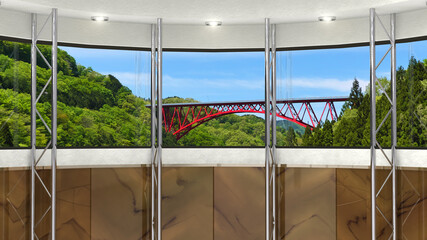 背景素材 スタジオセット 赤い橋のかかる渓谷