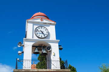 The church of Agios Nikolaos with the famous clock. Skiathos island, Greece