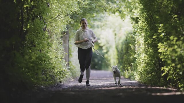 A middle-aged woman is jogging with her small white dog through the green natural tunnel. Sunny day.