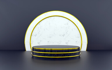 Luxury Blue and gold geometric podium for Product presentations. 3D rendering.  Dark background.