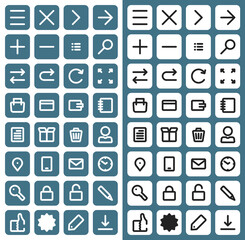 32 square vector icons for e-commerce, online shopping websites, in black with white and white with blue backgrounds versions.