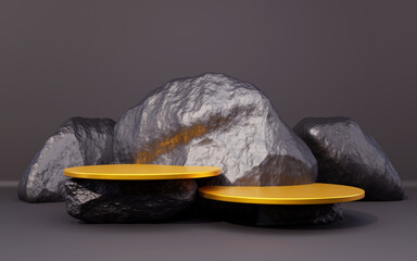 Black silver and gold background podium with Black rock composition for product presentation 3d render