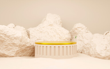 Stone rock shape background mockup with golden product podium for display or showcase cosmetic products, 3d rendering.
