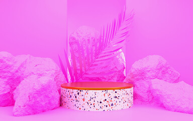 Pink Round podium with Palm Leaf for Product presentations. 3D rendering.  Pink background.