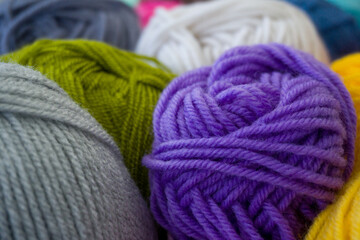 colored skeins of thread for knitting close-up