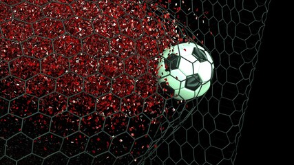Black-White Soccer Ball in the Black Goal Net with particles under green laser lighting. 3D illustration. 3D CG. High resolution. 3D high quality rendering.