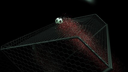 Black-White Soccer Ball in the Black Goal Net with particles under green laser lighting. 3D illustration. 3D CG. High resolution. 3D high quality rendering.